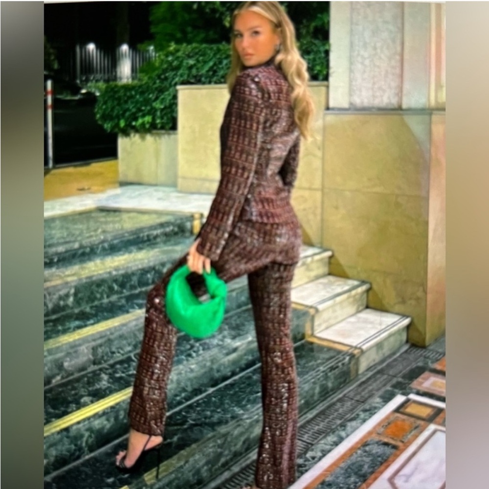 Zara Brown Pantsuit with Green Bag